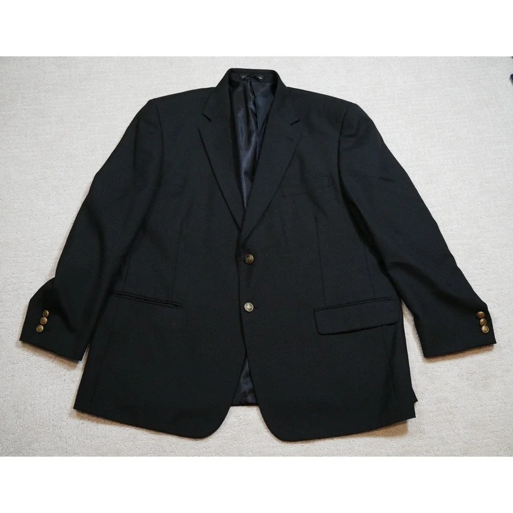 Meeting Street Men Black Blazer Sport Coat Gold Crest Buttons Wool Blend 48R